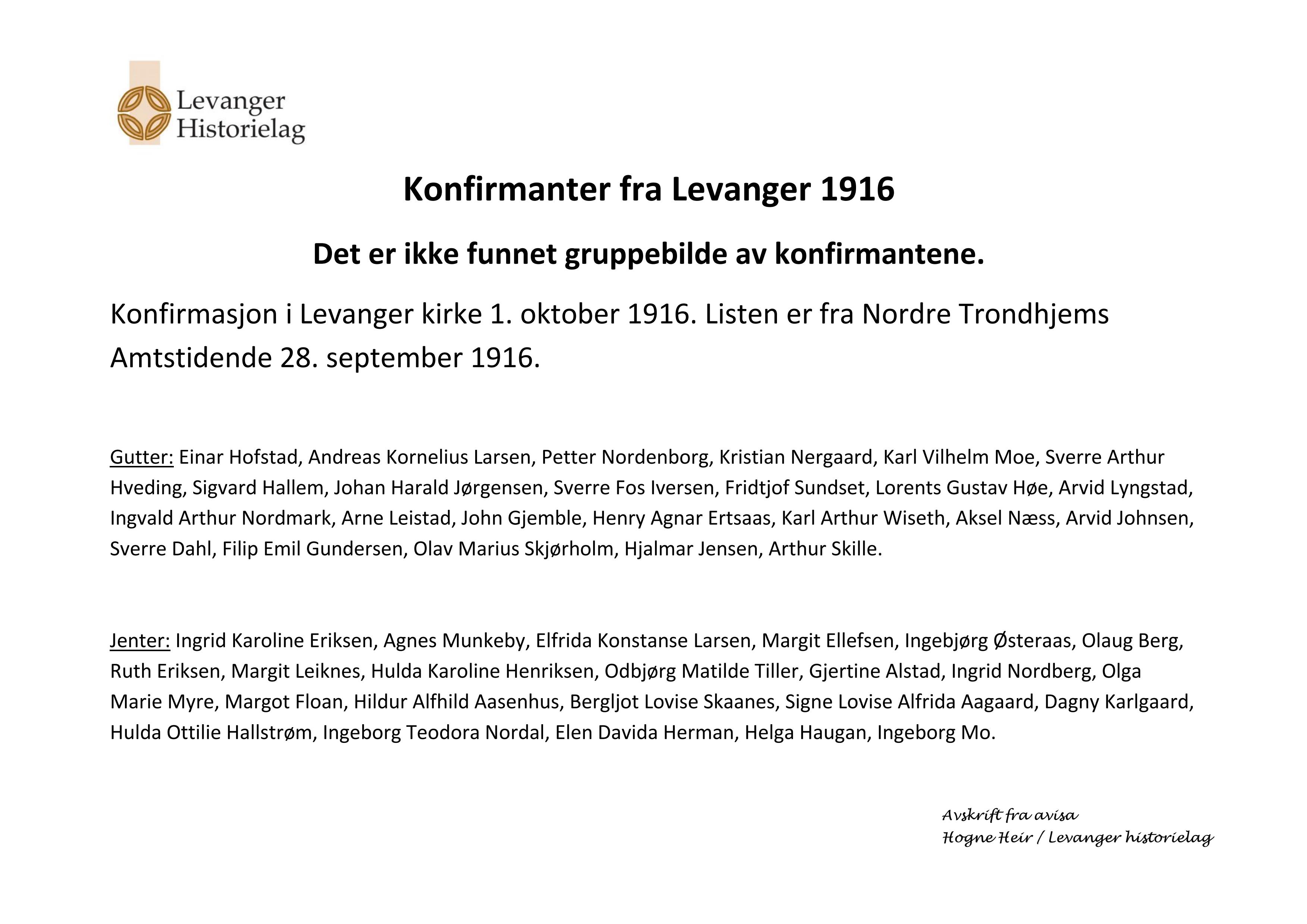 Konfirmanter fra Levanger i Levanger kirke 1. oktober 1916 - navneliste