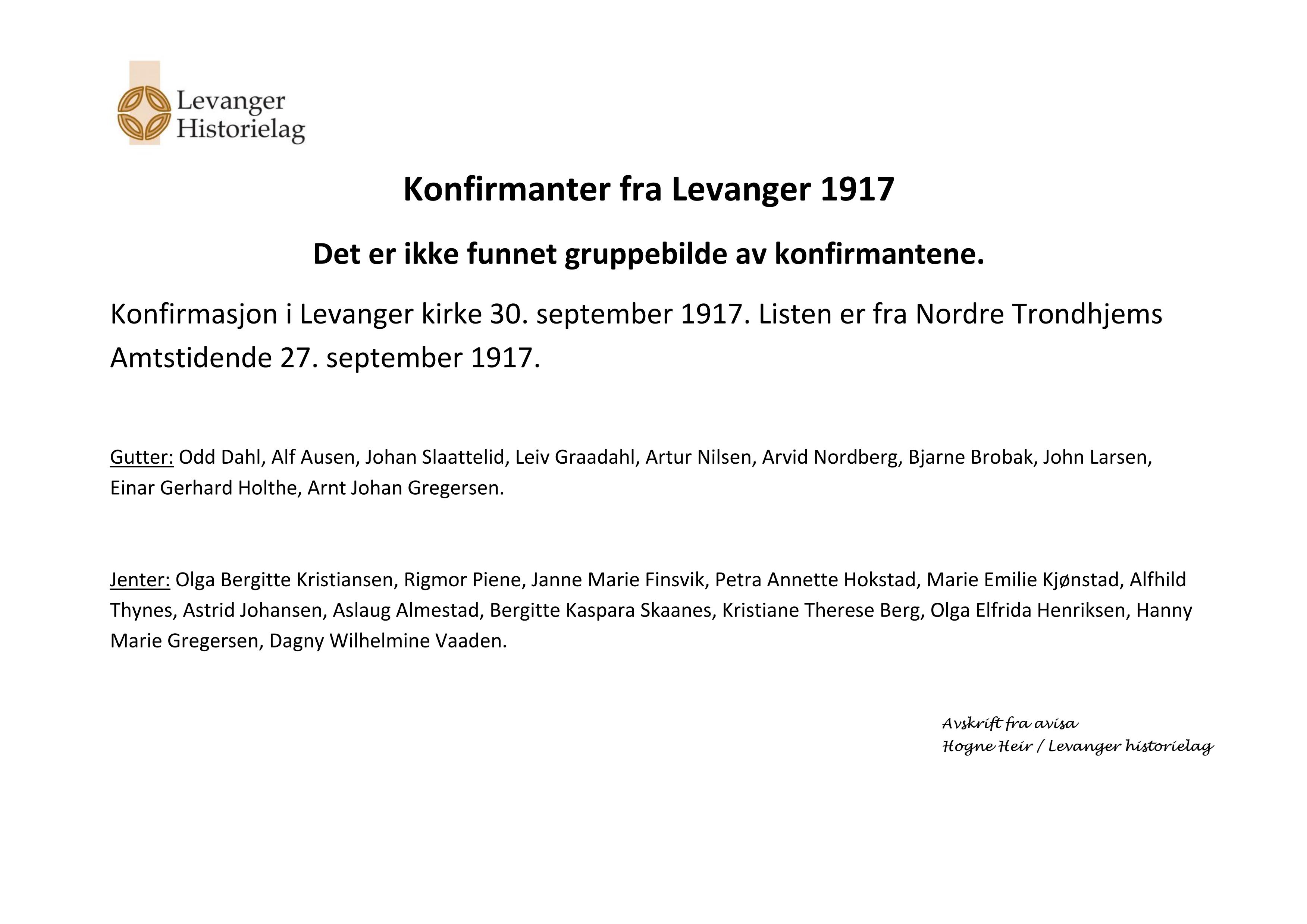 Konfirmanter fra Levanger i Levanger kirke 30. september 1917 - navneliste