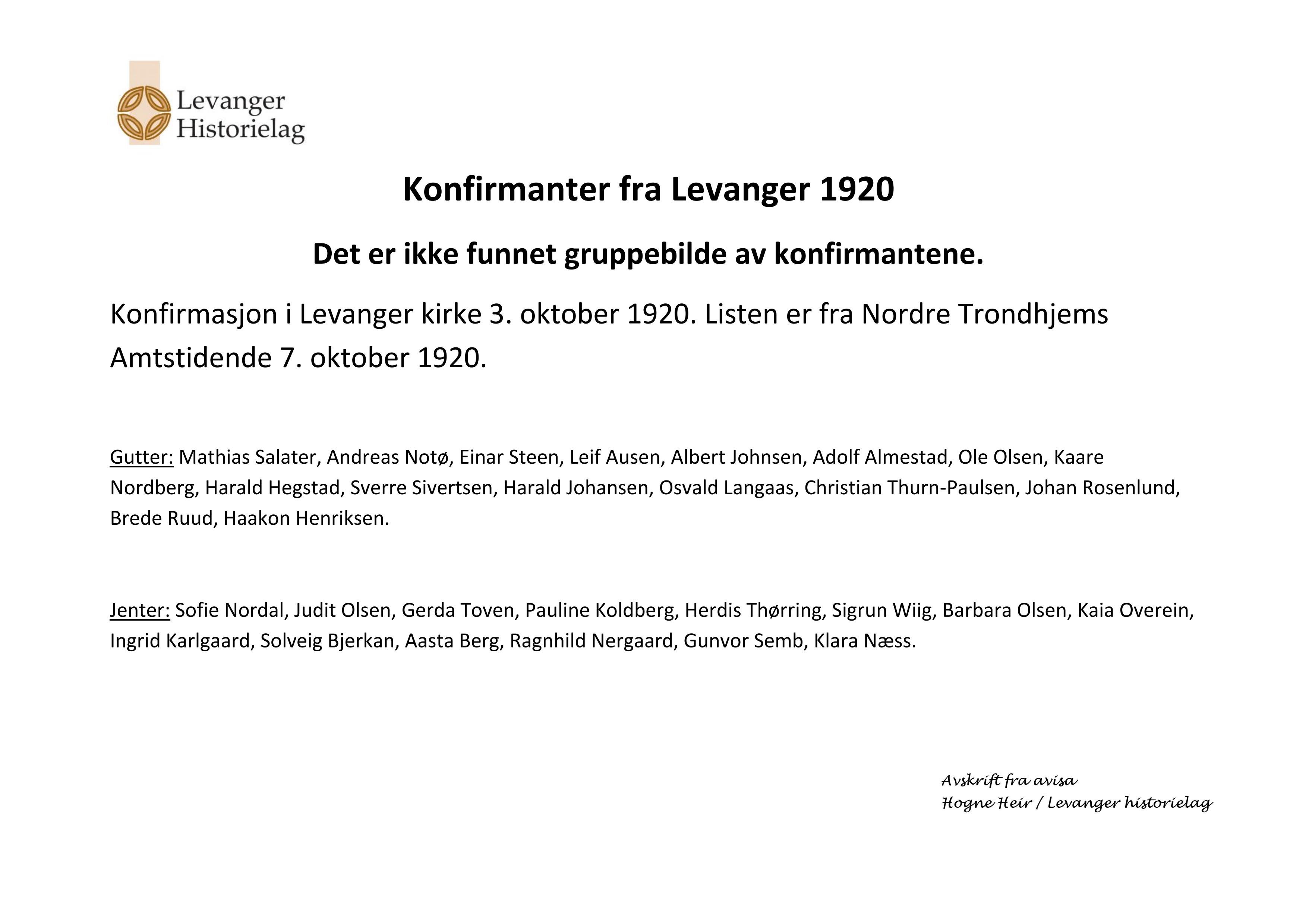 Konfirmanter fra Levanger i Levanger kirke 3. oktober 1920 - navneliste