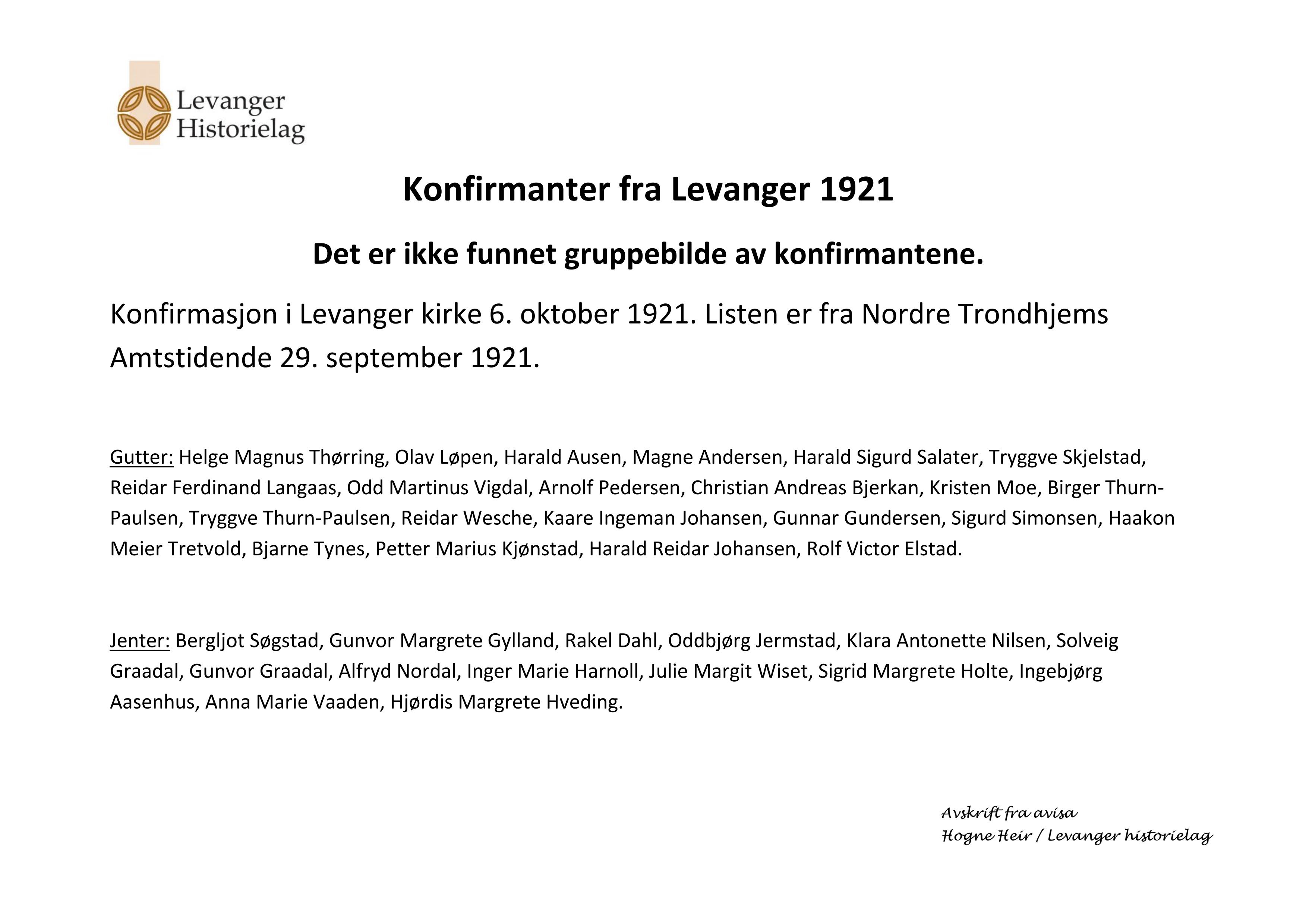 Konfirmanter 1921 Levanger-navneliste