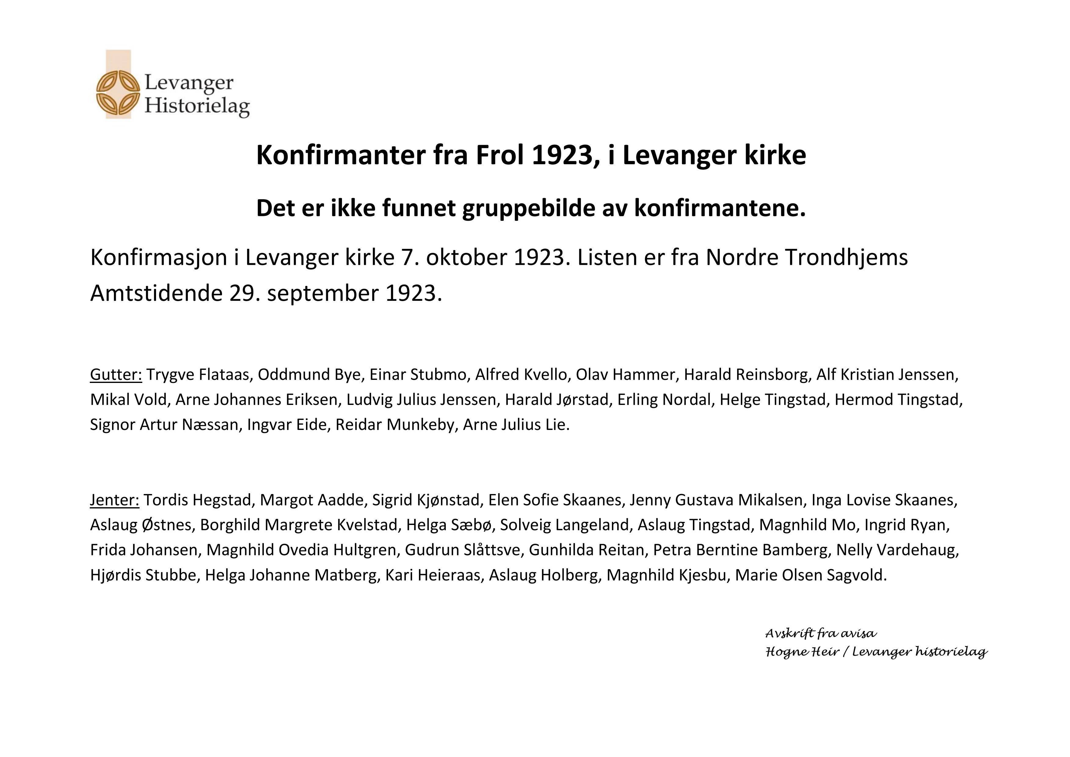 Konfirmanter 1923 Frol (i Levanger kirke)-navneliste