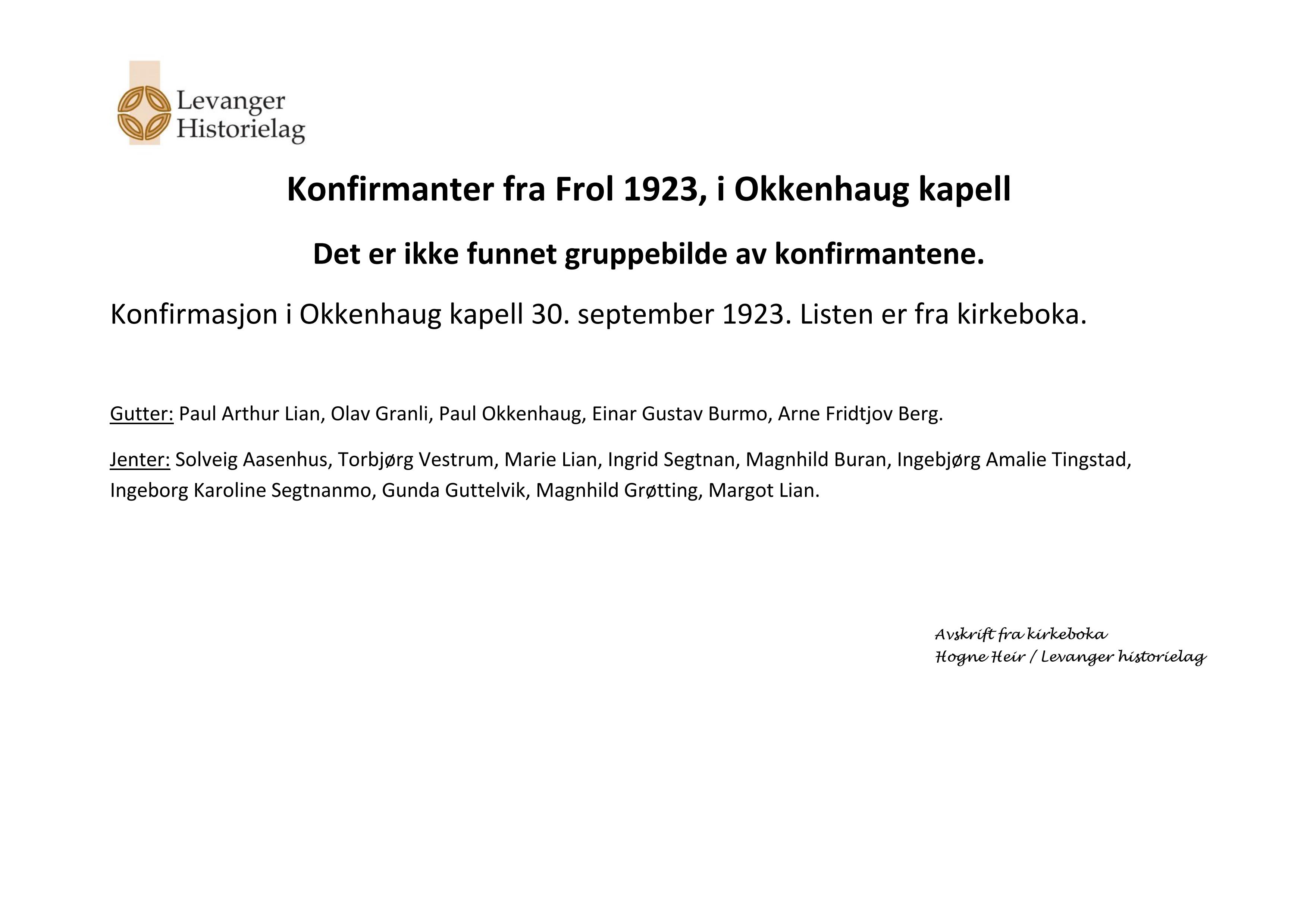 Konfirmanter 1923 Frol (i Okkenhaug kapell)