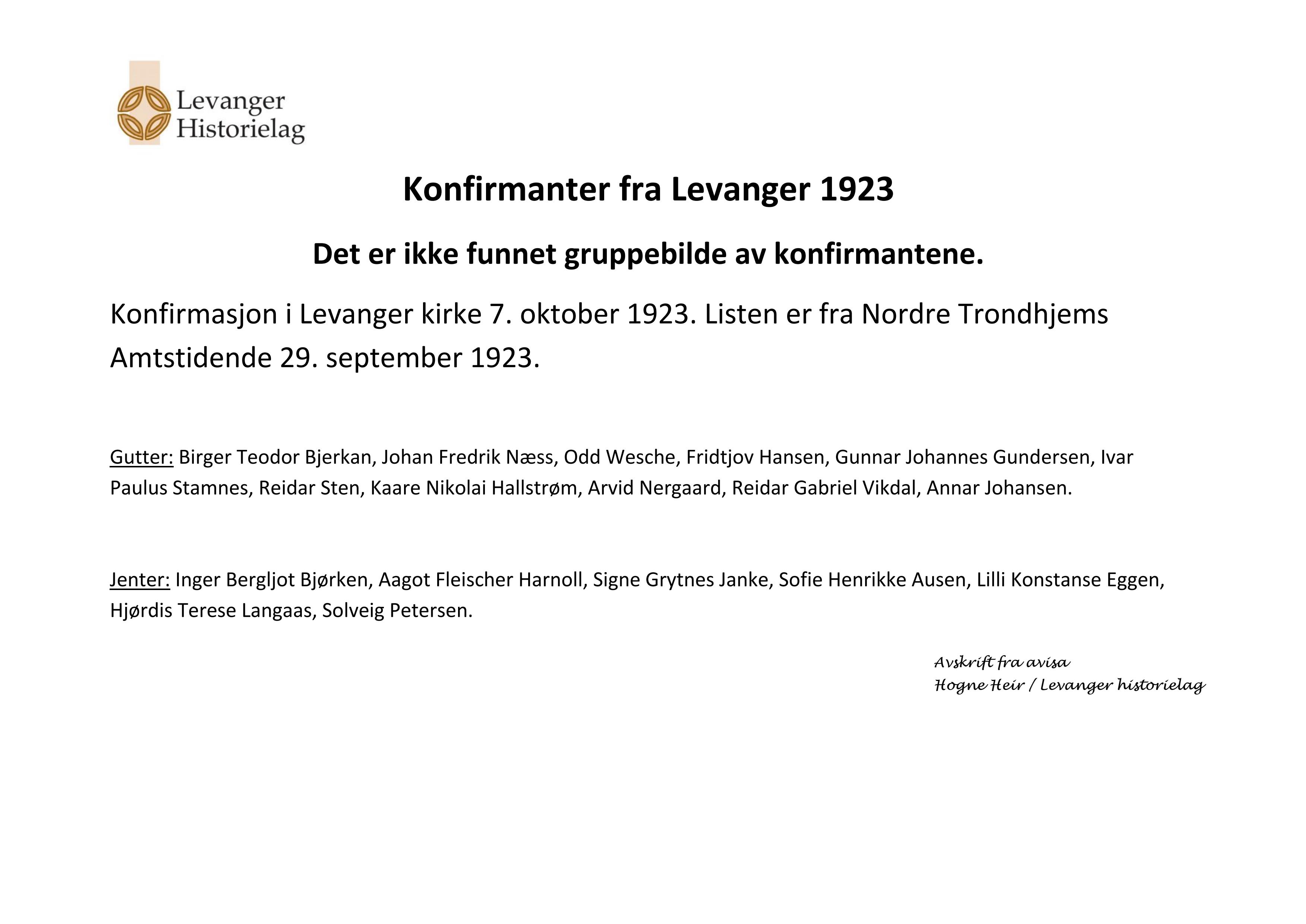 Konfirmanter 1923 Levanger-navneliste