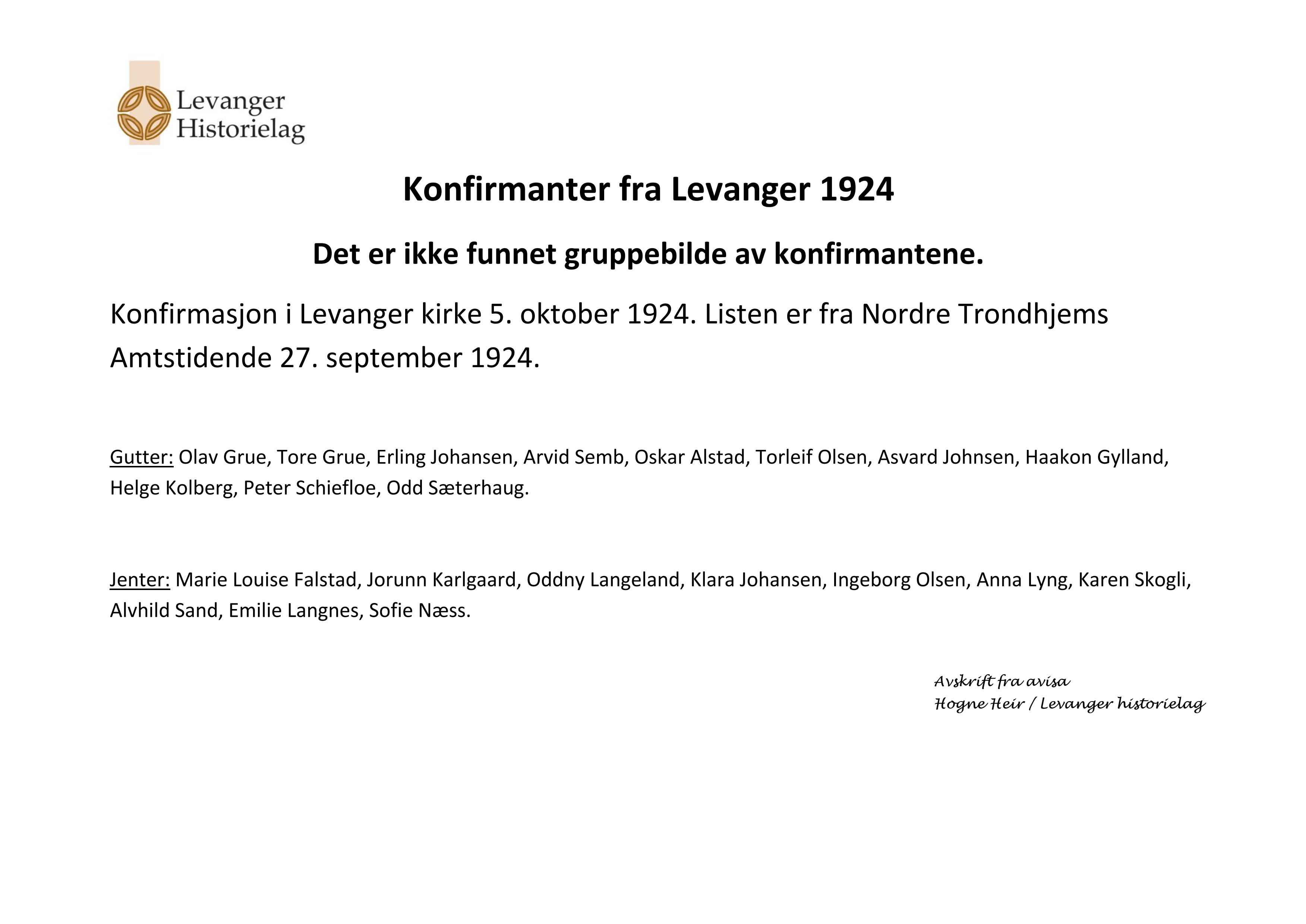Konfirmanter 1924 Levanger-navneliste