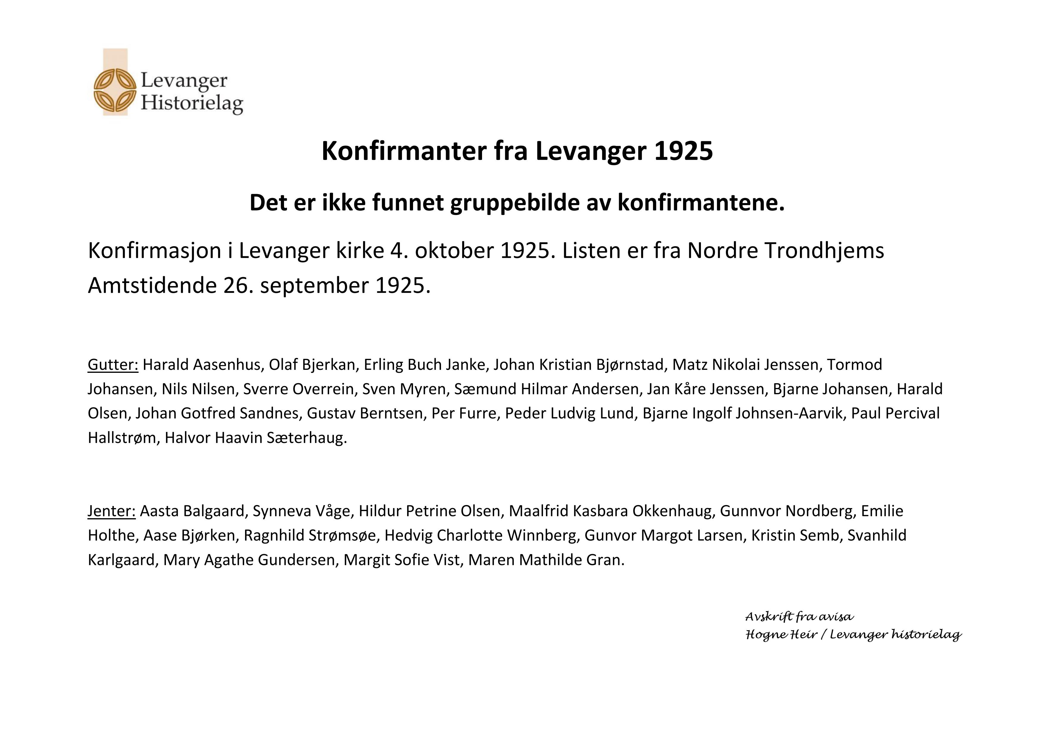 Konfirmanter 1925 Levanger-navneliste