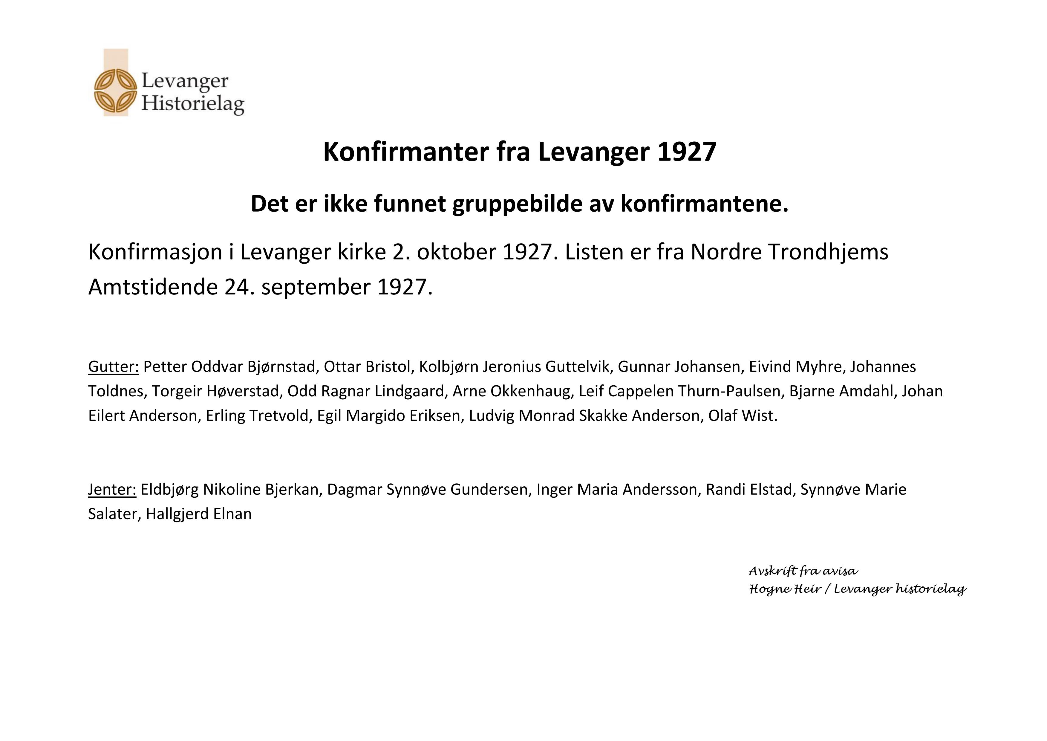 Konfirmanter 1927 Levanger-navneliste