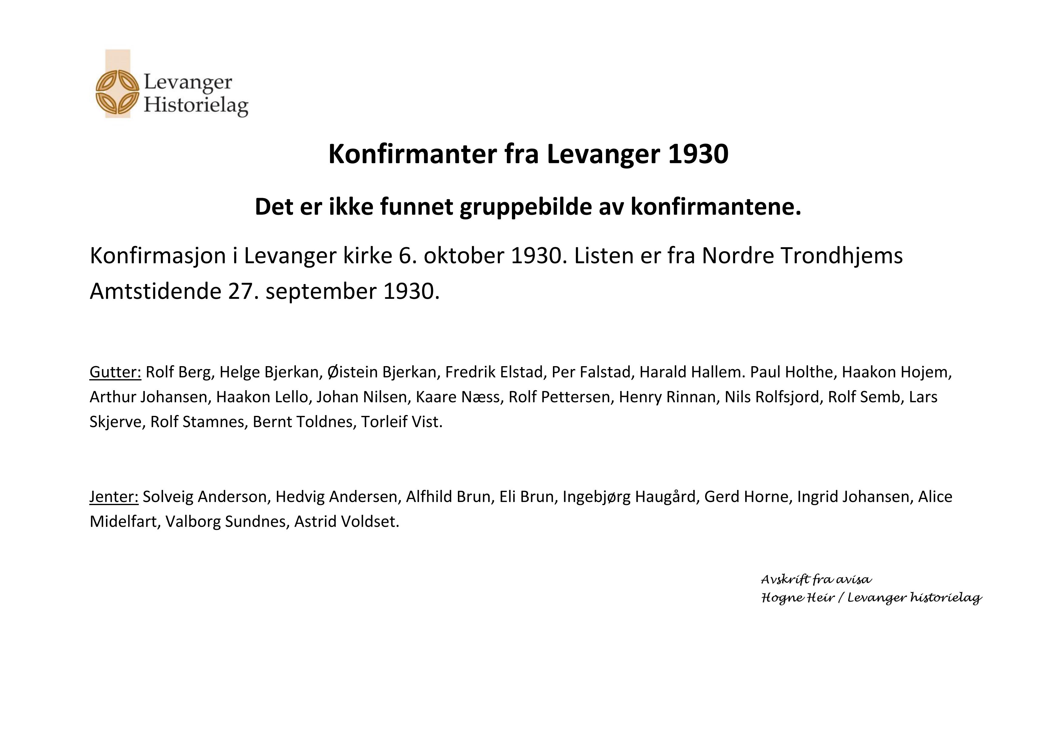 Konfirmanter 1930 Levanger-navneliste