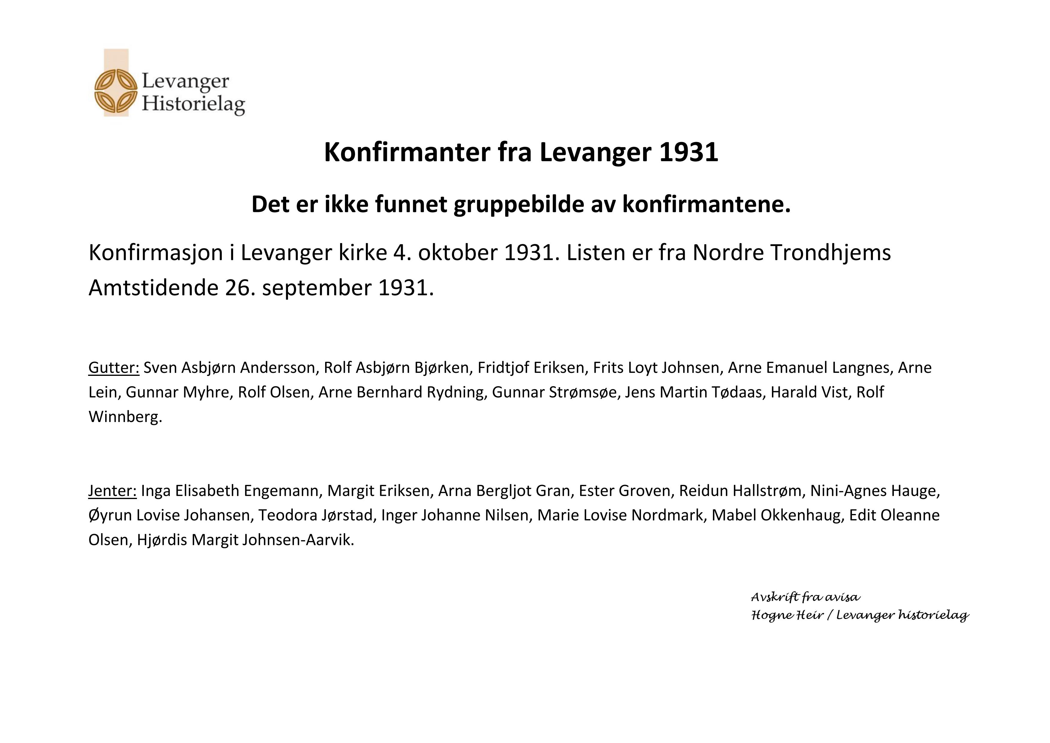 Konfirmanter 1931 Levanger-navneliste